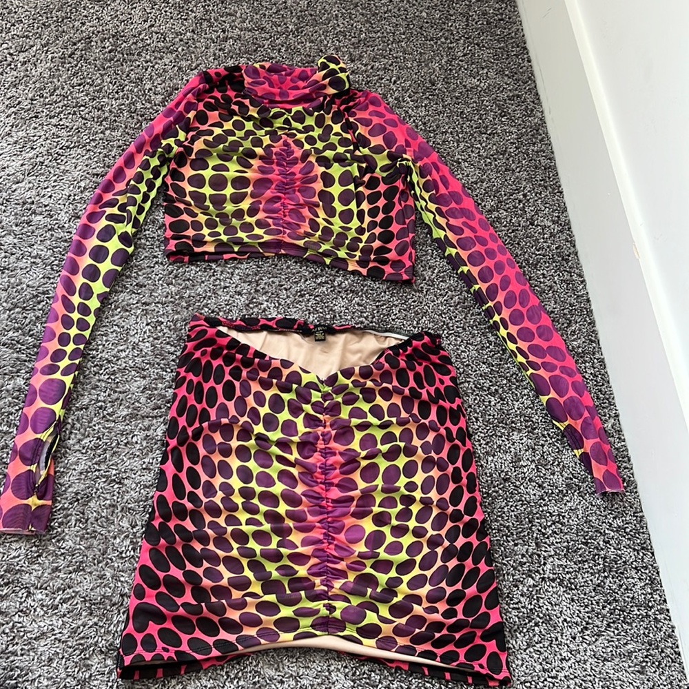 AFRM top and skirt in Neon Dot